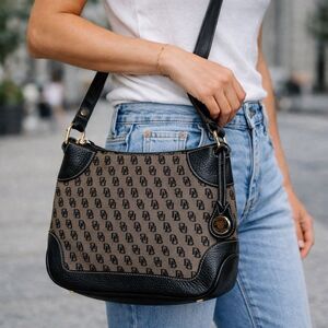 Dooney & Bourke Y2K Monogram Crossbody Bag Black Leather Trim Canvas Purse VTG